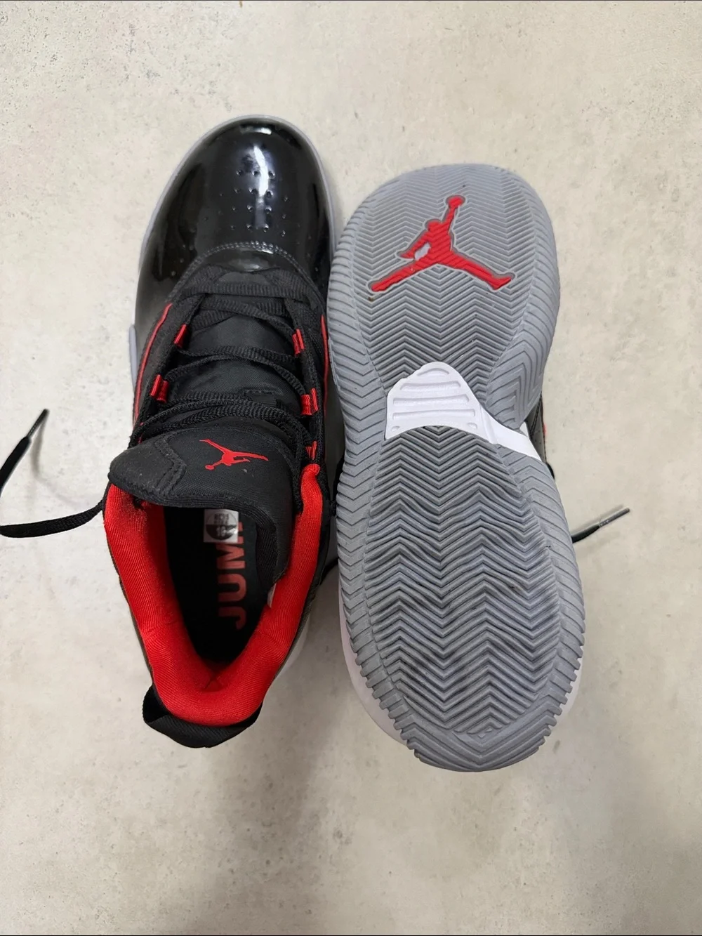 New Jordan stay loyal, Men's Black Patent Leather Basketball Shoes with Red Acce